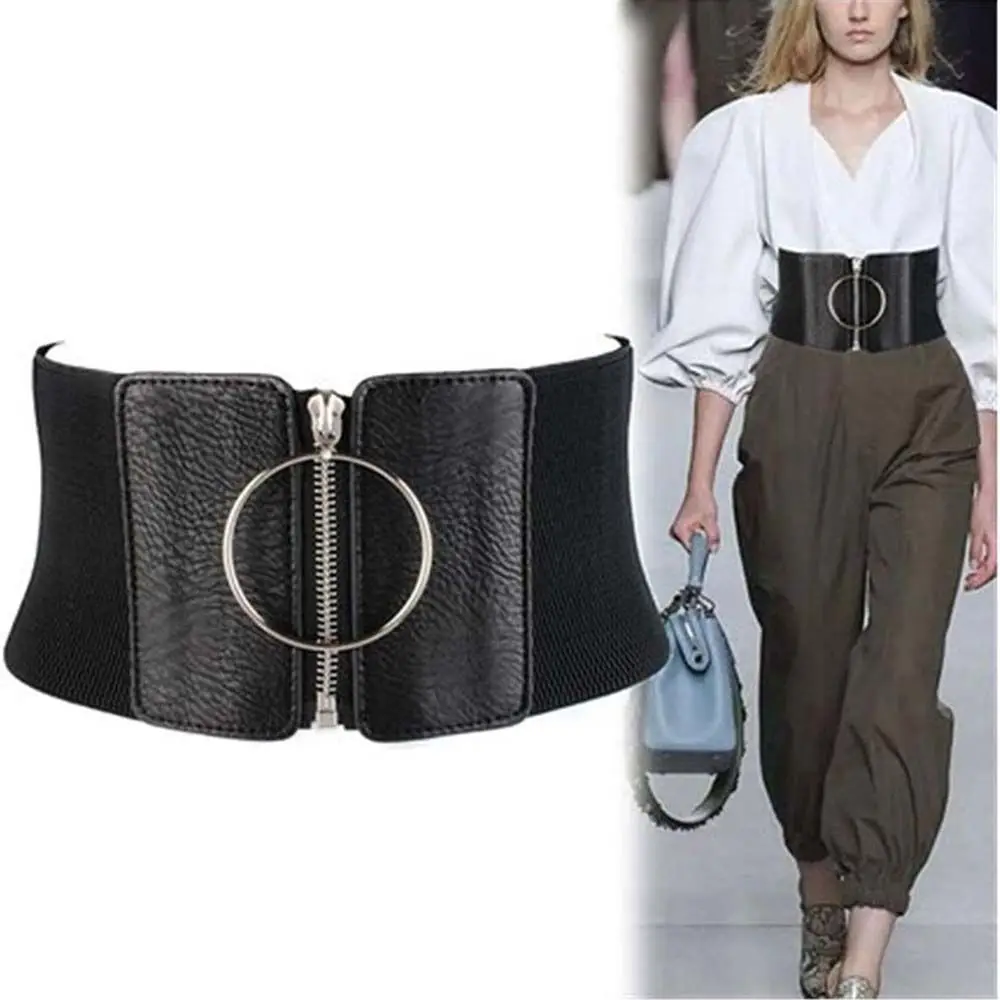 

Slimming Body Waist Strap Metal Circle Ring Corset Wide Waist Belt Zipper Elastic Belt Female Waistband Cummerbunds