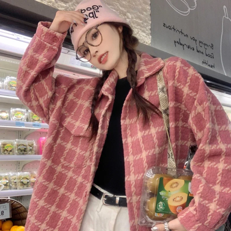 Fall and Winter New Women Jacket Tweed Loose Pink Plaid Blouse Casual Versatile Jacket Female Coat Women Winter Jacket