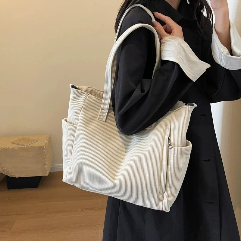 Chic Striped Velvet Shoulder Bag – Elegant Corduroy Tote with Spacious Design