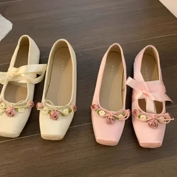 Women Flats Bow Marie Janes Shoes  New Lolita Dress Square Toe Shoes Designer Walking Sandals Female Elegant Zapatos 1