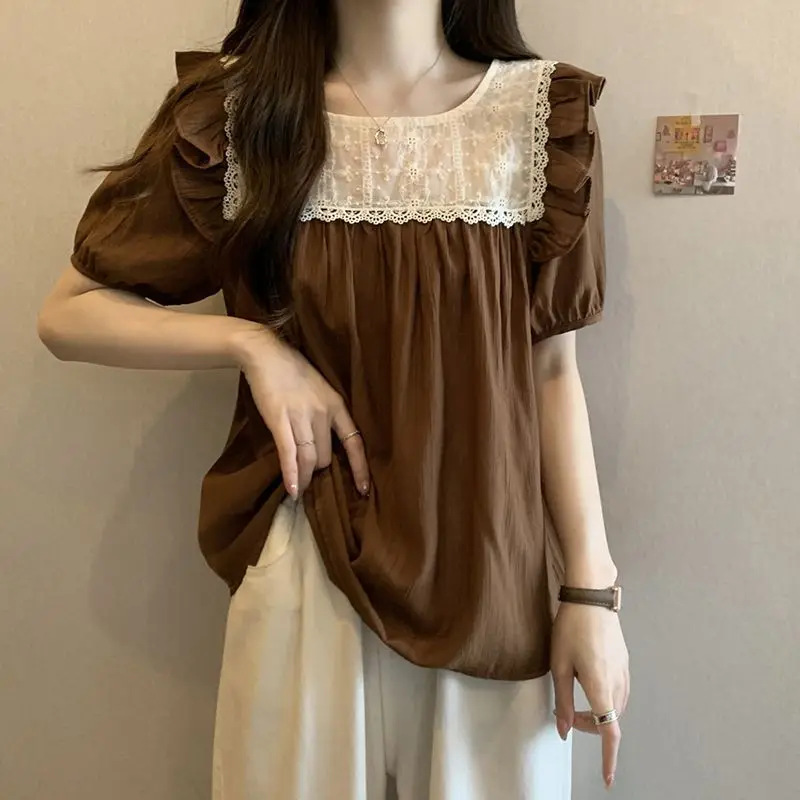 

2023 New Summer Fashion Simple Round Neck Lace Jacquard Hollow Out Ruffle Edge Short Sleeve Oversized Loose Casual Sweet Shirt