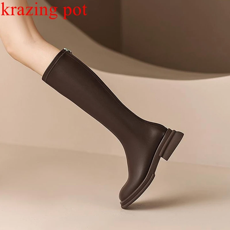 

Krazing Pot 2023 Cow Leather Round Toe Back Zipper Thick High Heels Handsome Equestrian Boots Keep Warm Winter Knee-high Boots