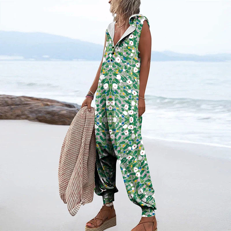 Women Summer Casual Fashion Baggy Pants Jumpsuits Button Sleeveless Hooded Rompers Beach Loose Playsuit Overalls