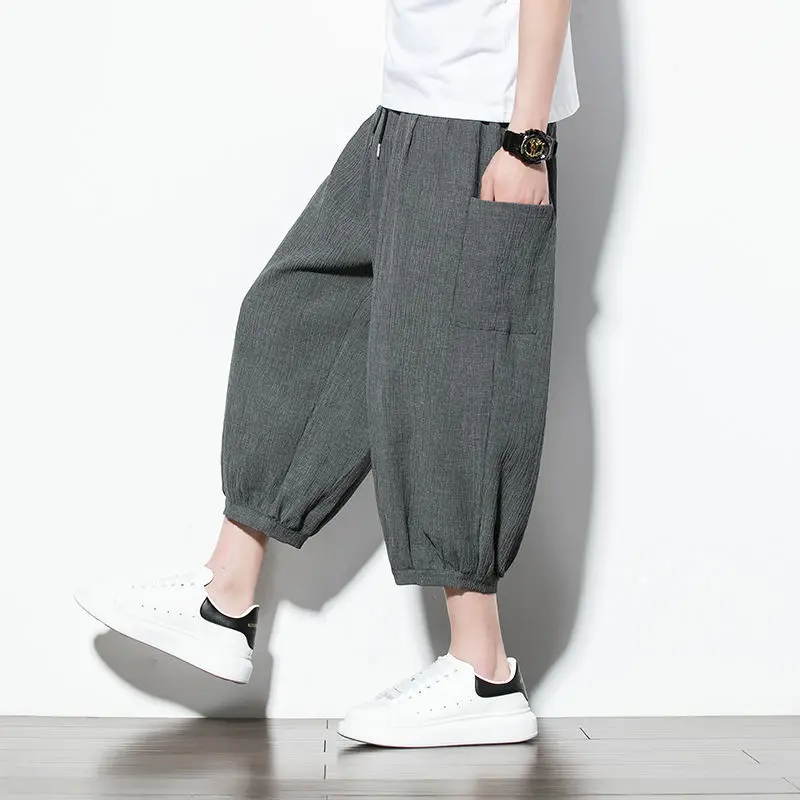 Fashion Elastic Lace Up Solid Color Pockets Harem Casual Pants Men's Clothing 2024 Spring Summer New Loose Korean Cropped Pants