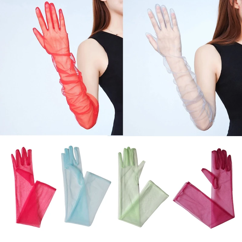 Exquisite Long Tulle Elbow Gloves 55cm Wedding Gloves Ultra Thin Stretchy Full Finger Mittens for Opera Party Concert DropShip