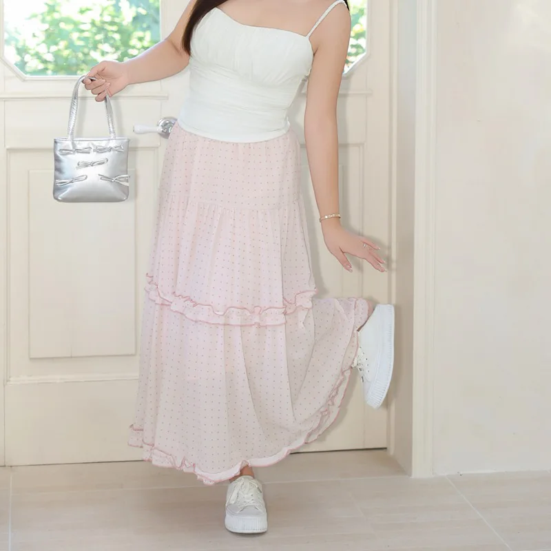 Plus Size Women's Long Cake Skirts Casual Premium Lotus Pink Dot Ruffled High Waist Summer 2025