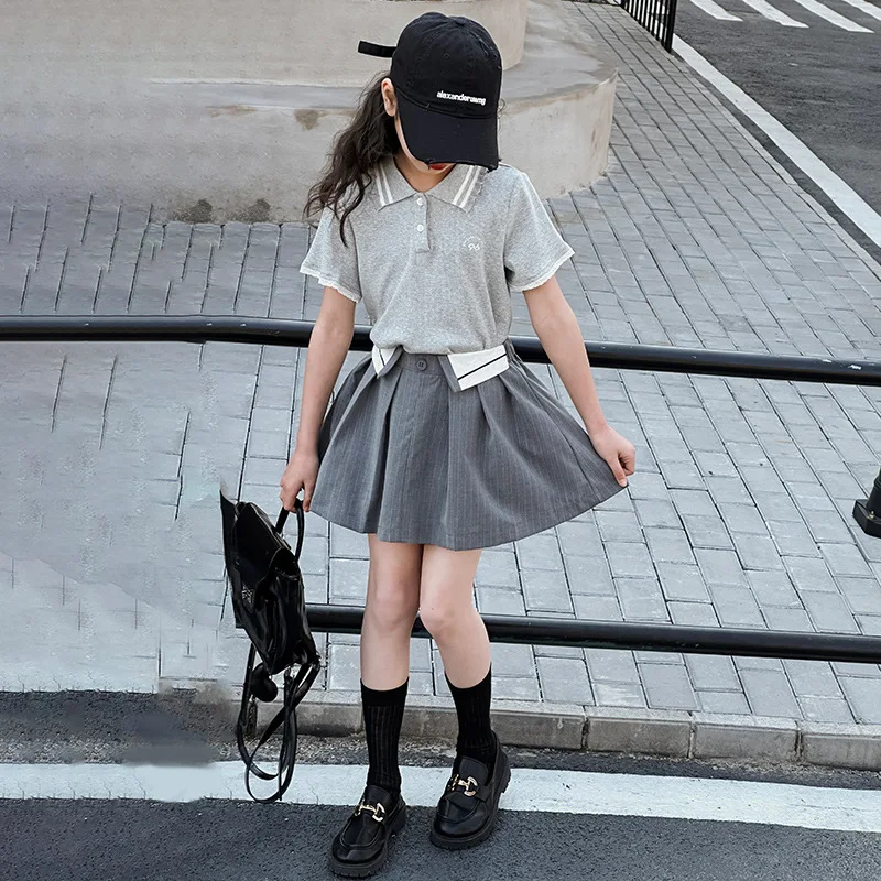 

Летний модный комплект одежды для девочек, топ с коротким рукавом и плиссированная юбка в полоску