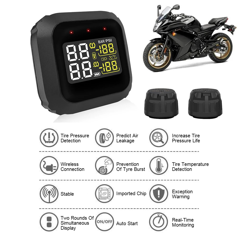 

External Sensors Waterproof Wireless Motorcycle Real Time TPMS M3 Moto Tire Pressure Monitoring System LCD Display