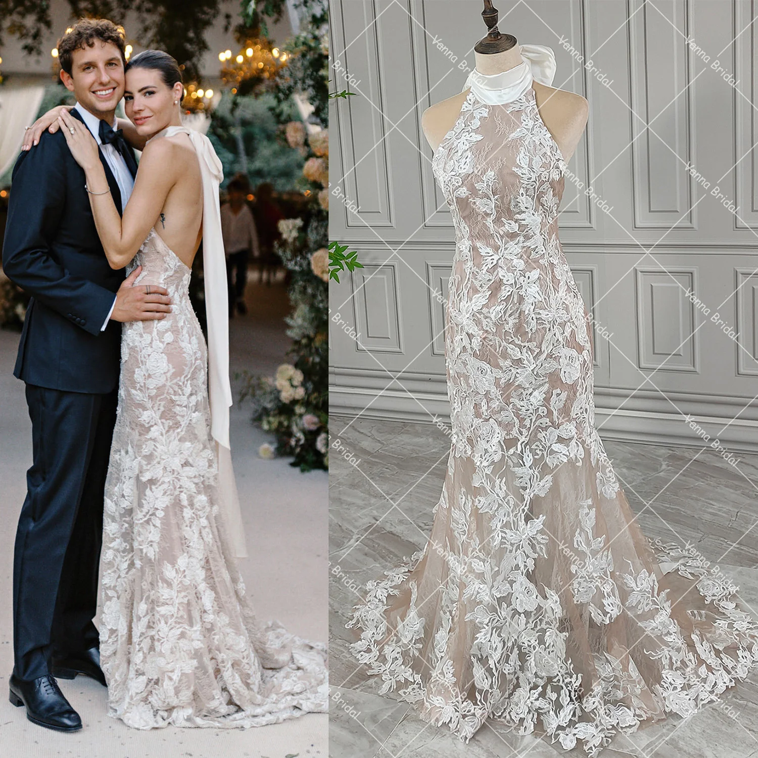 Vestido de novia de sirena exquisito con espalda descubierta y