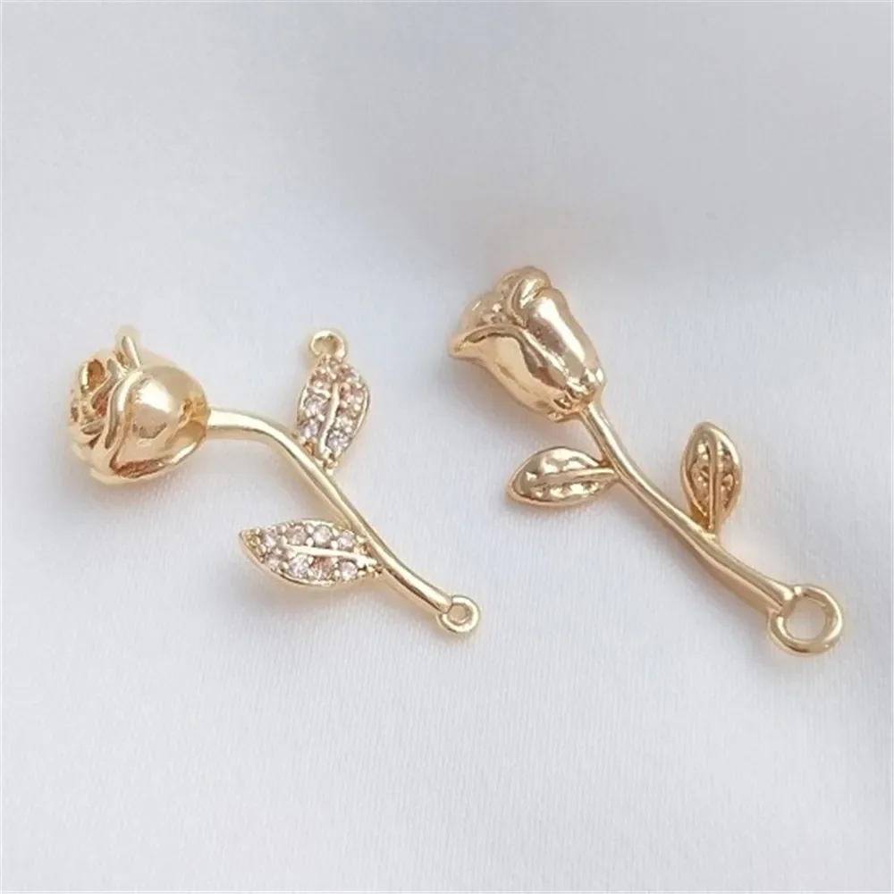 

14K Gold Inlaid Zircon Three-dimensional Rose Pendant DIY Earrings Pendants Bracelets Headgear Accessories K112