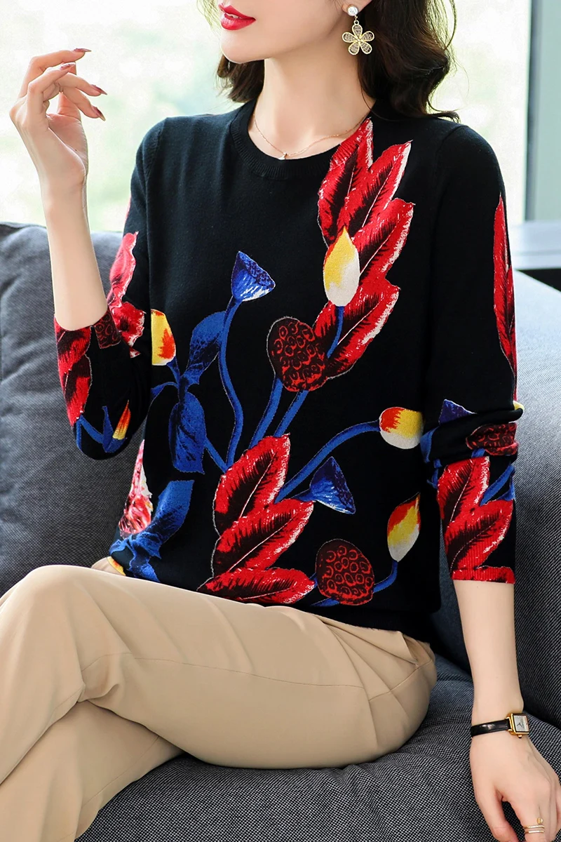 

Printing Women's Sweaters Spring Autumn Korean Fashion Pullover Long Sleeve Top Femme Soft O Neck Knitted Slim Sweater