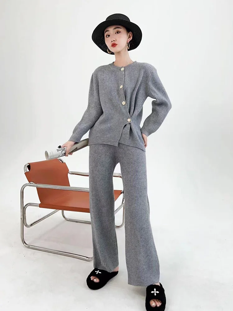 

Women Niche Design Fashion Irregular Sweater Cardigan Wide Leg Pants Knitted 2 Piece Sets 2022 Autumn Winter New H037