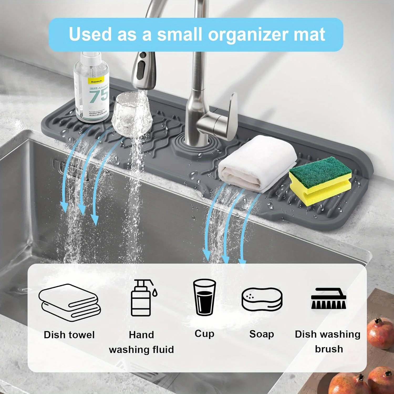 Kitchen Faucet Silicone Splash Mat, Sink Drainage Mat, Sink Collection Mat, Drainage Drying Mat, Bathroom Countertop Protector 2