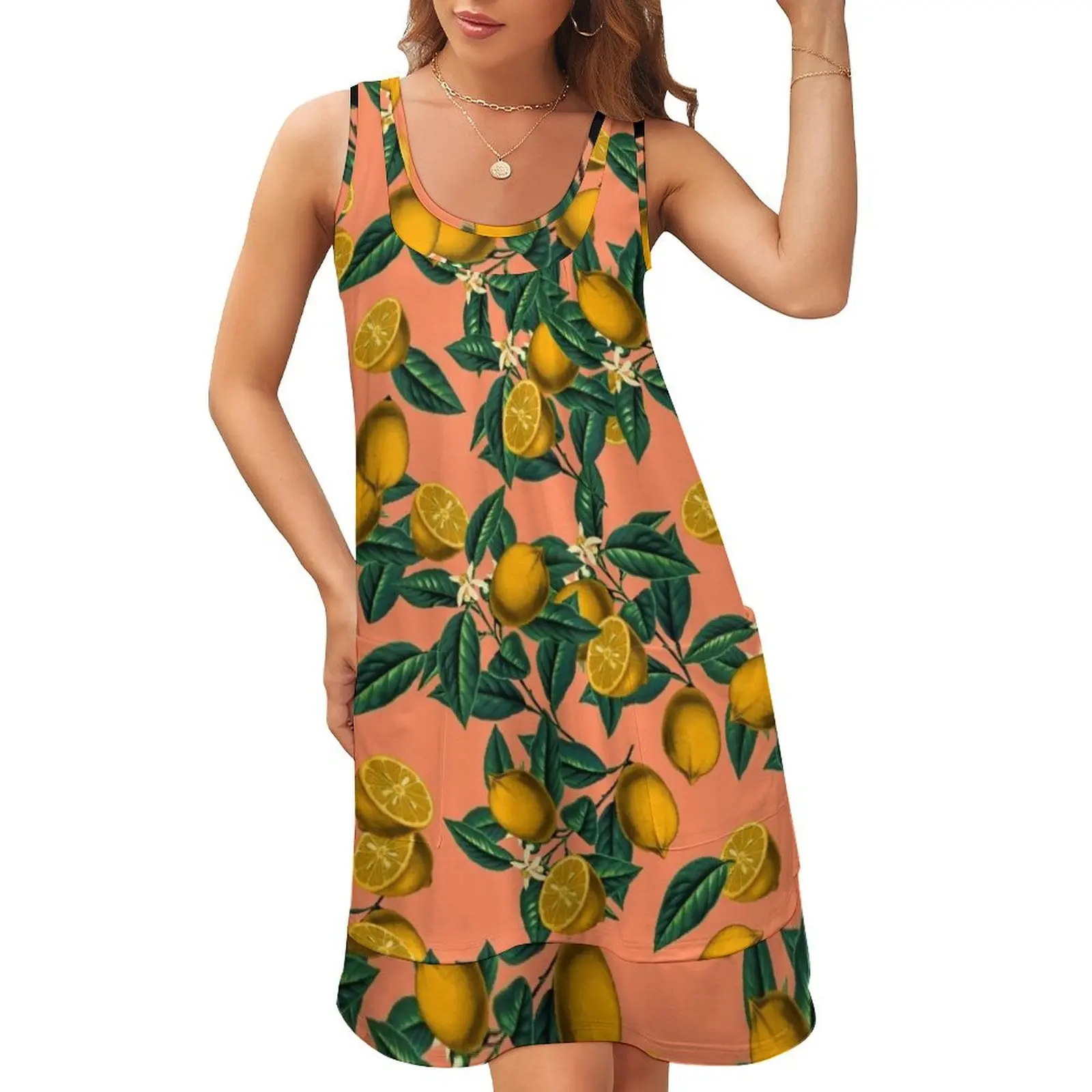 

Lemon and Leaf Sleeveless U-Neck Fake Two Piece Dress elegant chic women dresses promotion Women's evening dress dresses summer
