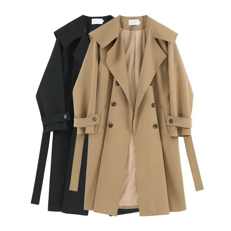 

Fashion Solid Spring Autumn 2023 New Women Mid-length Trench Full Sleeves Windbreaker Coat Korean Loose Lace-up Oversized 2XL