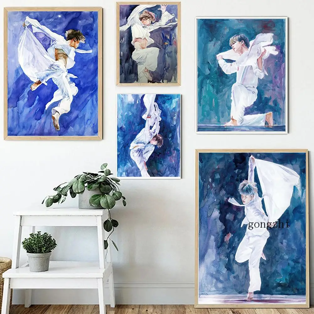 

Abstract South Korean Band Poster Modern Movie Star Portrait Canvas Painting Blue Wall Art Picture for Bedroom Decor Fan Gift