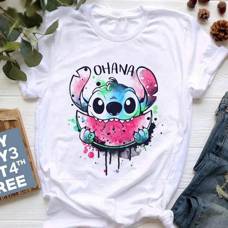 Disney Lilo Stitch Cartoon T-shirts Tops for Women Lady S-3XL Summer Female T-shirts Black O-neck Ohana Stitch Hot Tees T-shirts