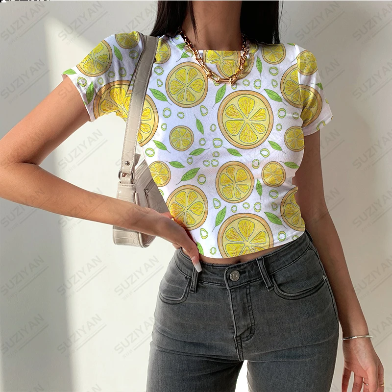 

2023 Women's Summer New Fashion Short Top Fruit Lemon 3D Printed Short Sleeve T-shirt Women's Round Neck Temperament Sexy Top