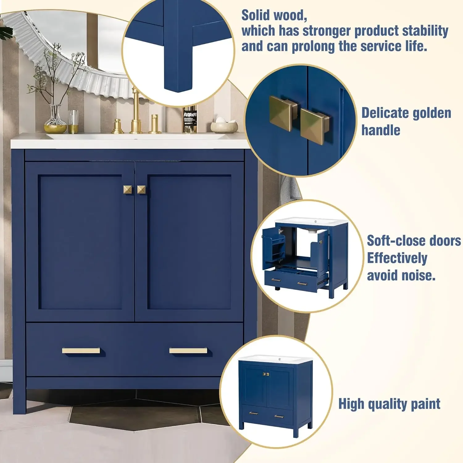 Bathroom Vanity with Sink 30 inch, Bathroom Storage Cabinet with 2 Doors and a Drawer, Bathroom Sink Multifunctional Storage 5