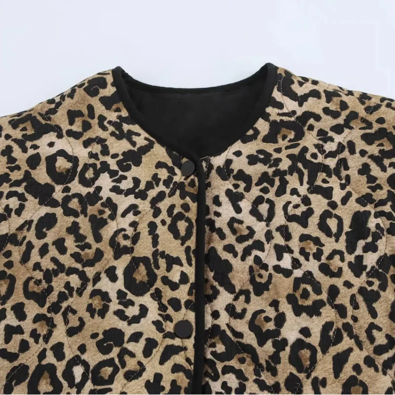 TRAF Parkas Leopard Winter Coats Woman Vintage Animal Print Quilted Jacket Women Autumn Long Sleeve Padded Jacket Short Coats 3
