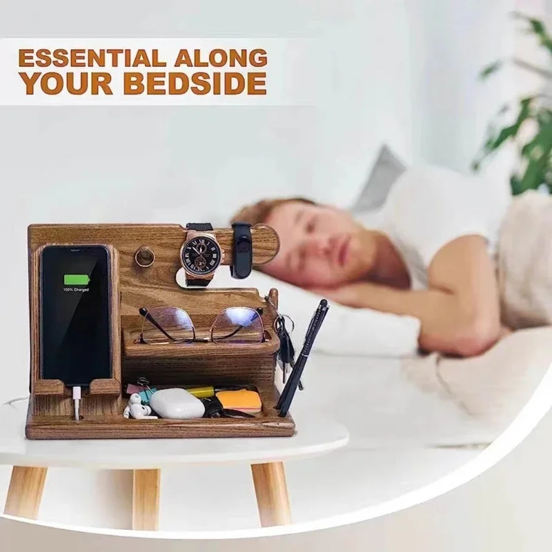 Wooden Bedside Wood Phone Docking Station Holder Wallet Stand Watch Storage Rack Valentines Multifunctional