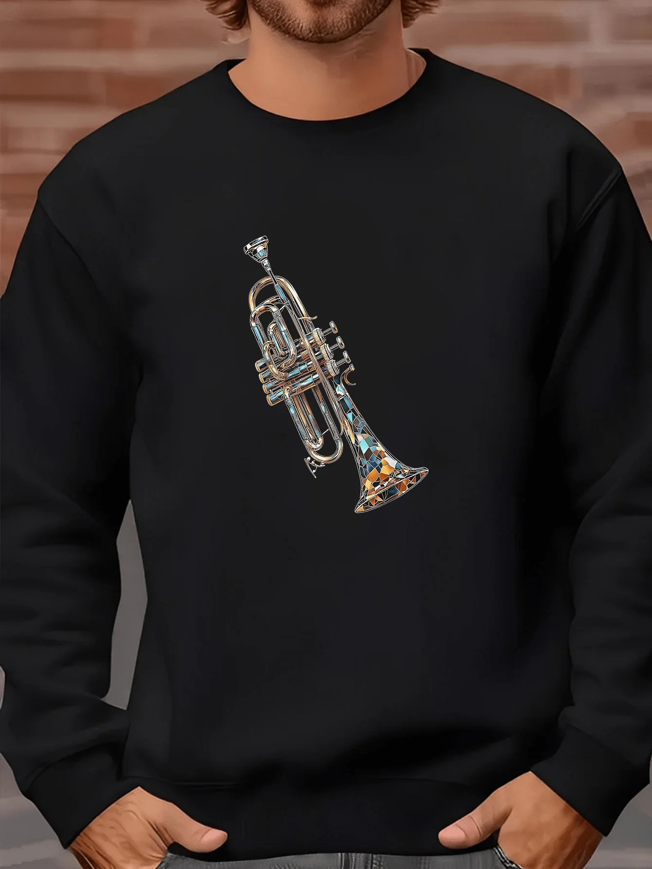 Men's Casual Crewneck Sweatshirt with Vibrant Trumpet Art - Lightweight Regular Fit for Music Lovers