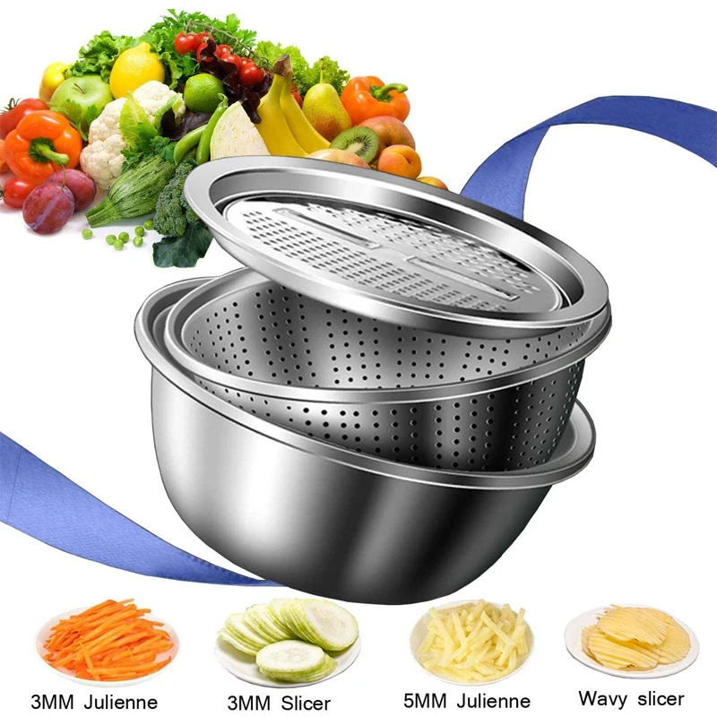 Vegetable slicer 3 In 1 vegetable slicer cutter drain basket stainless steel vegetable julienne grater salad maker bowl kitchen accessories