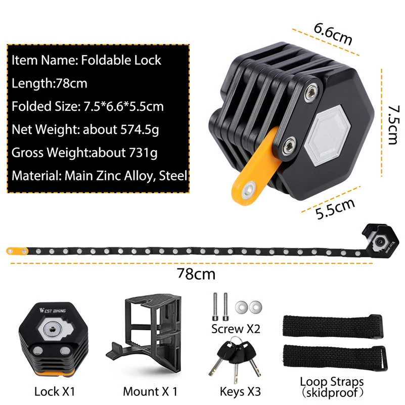 WEST BIKING Bicycle Folding Lock Portable Alloy Steel Anti-theft Safety Lock Motorcycle E-bike Lock MTB Road Bike Accessories