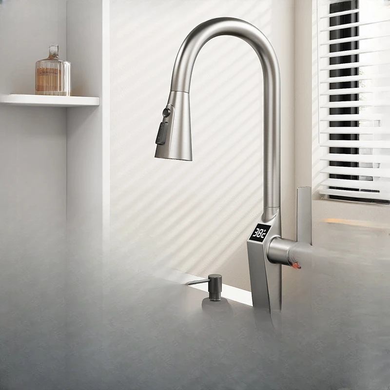 

Vegetable basin sink hot and cold kitchen digital display pull faucet universal rotatable telescopic splash-proof