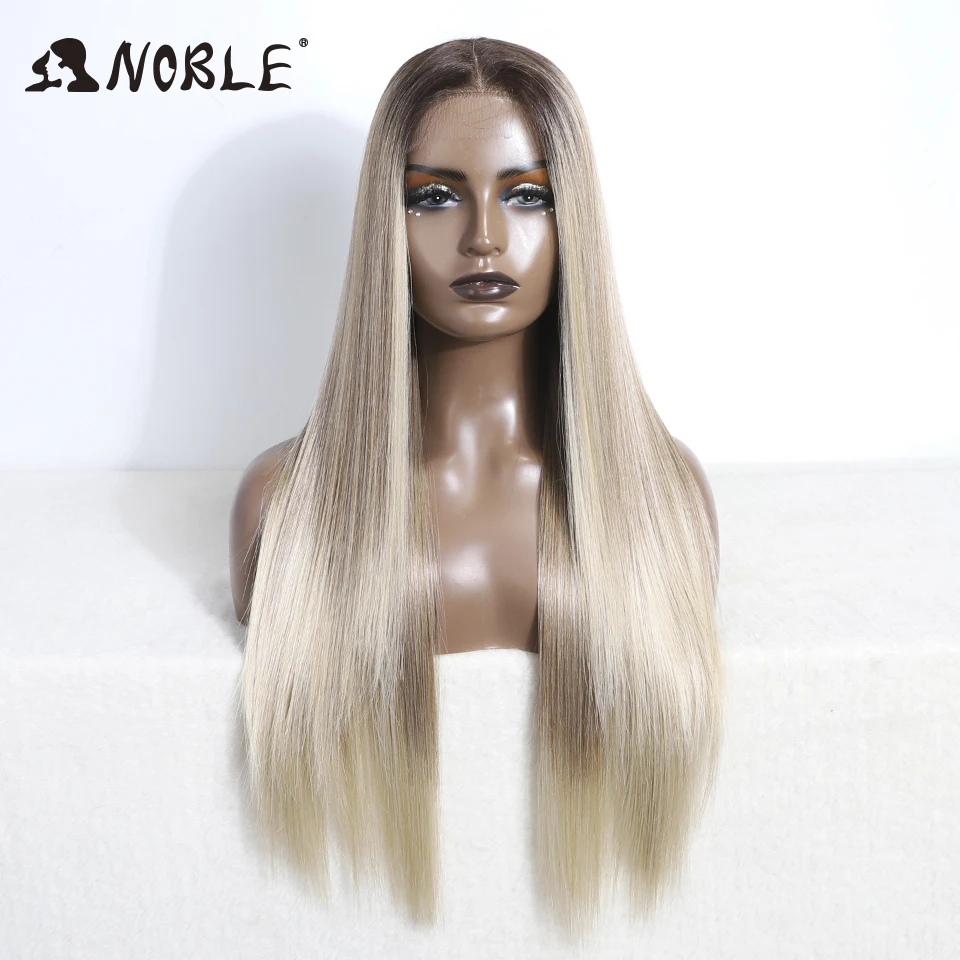 Noble Synthetic Lace Front Wig Lace Part Wig Long 28 Inch Cosplay Blonde Ombre for Women Synthetic