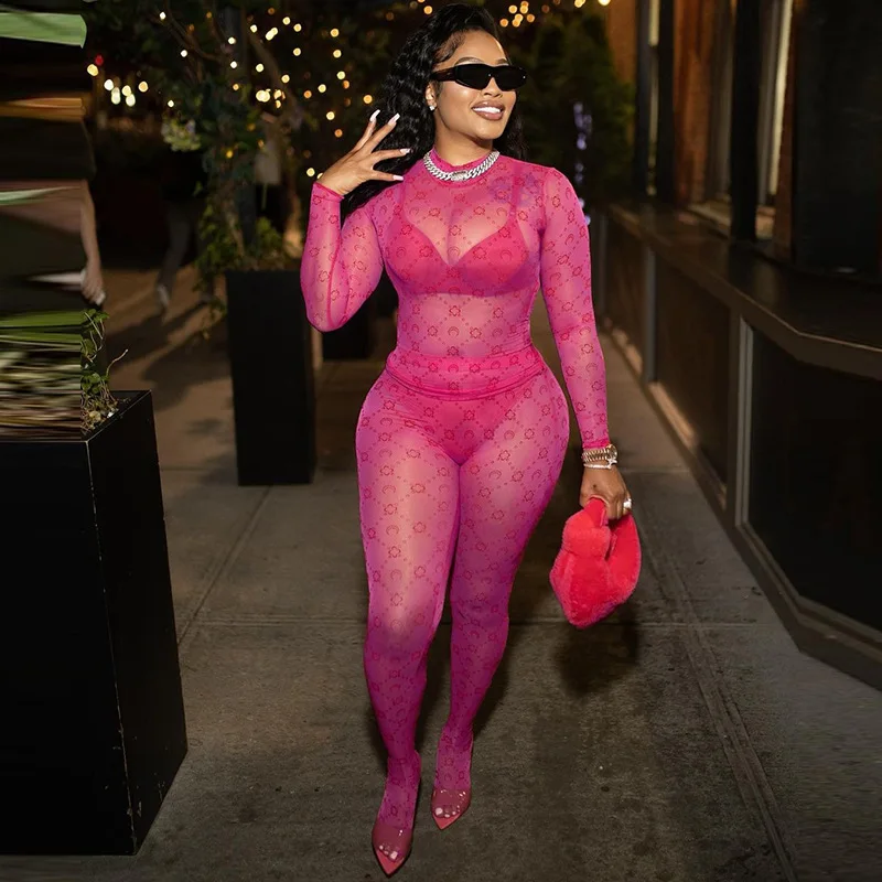 

Women Mesh See Through Neon 2 Piece Set Long Sleeve High Waist Skinny Pants Matching Suit Club Streetwear Y2K Clothes