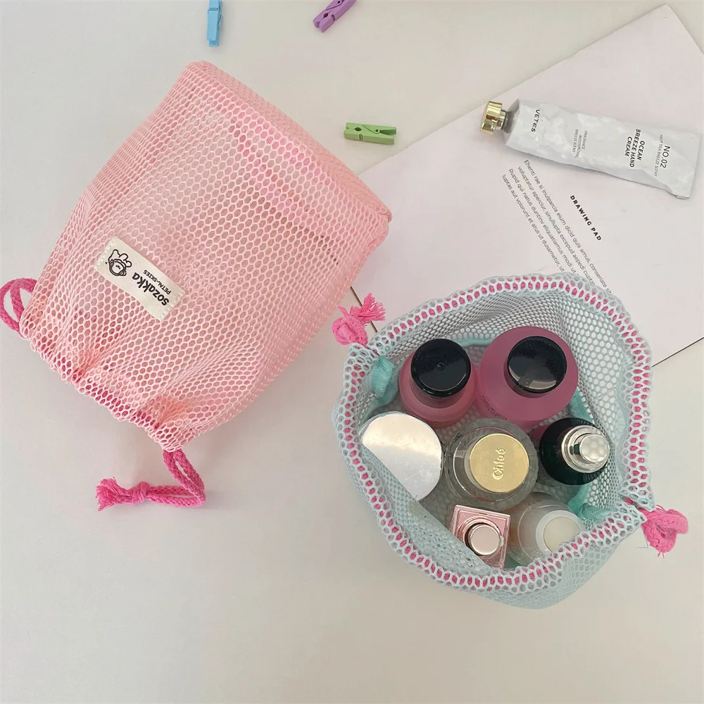 Woven Label Candy Colors Visible Mesh Beach Toy Storage Bag Portable Drawstring Makeup Brush Holder Bag for Girls