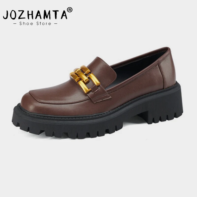 

JOZHAMTA Size 34-40 2024 Ins Women Platform Chunky Heels Pumps Shoes Real Leather Fashion Chain Mid Heel Casual Office Loafers