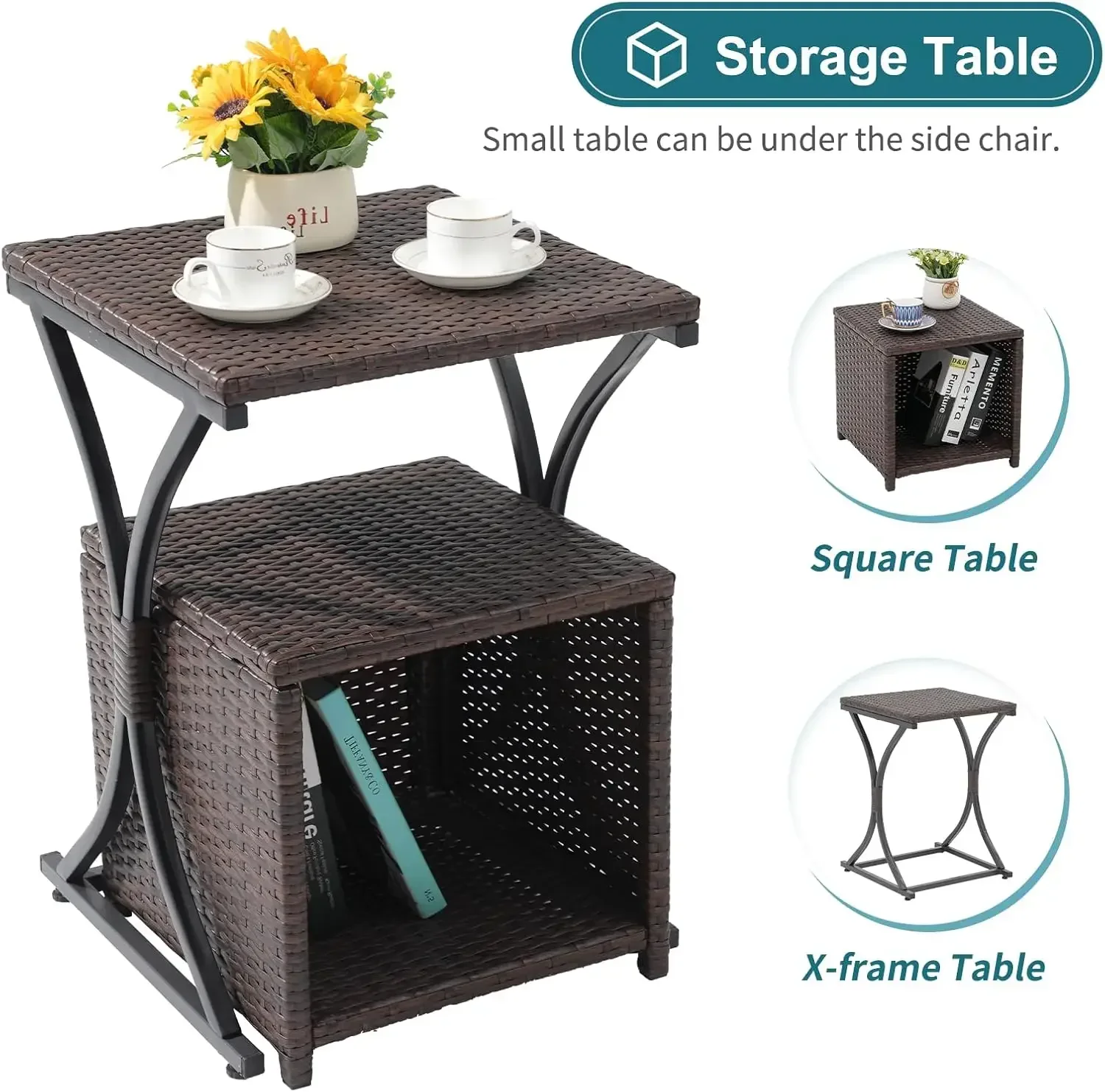 -New-6 Piece Patio Wicker Furniture Set, Balcony All Weather Rattan Chair, with Space Saving Ottoman, Resin Nesting Coffee Ta