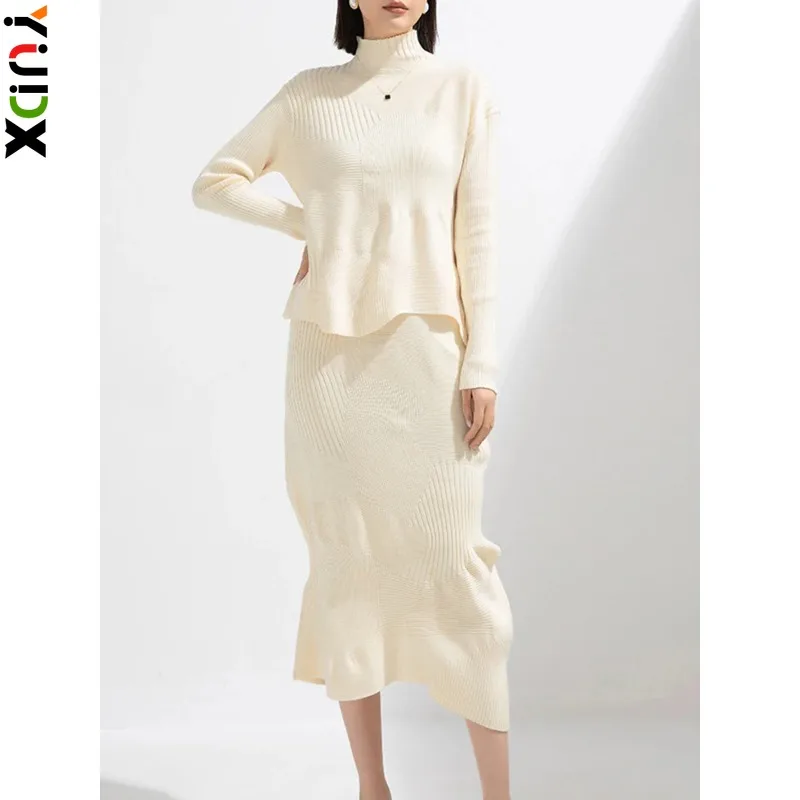 

YUDX Miyake Pleated Knitted Sets Women Turtleneck Full Sleeve Top + Skirt Elegant Lady Irregular Niche Design New 2024 Spring