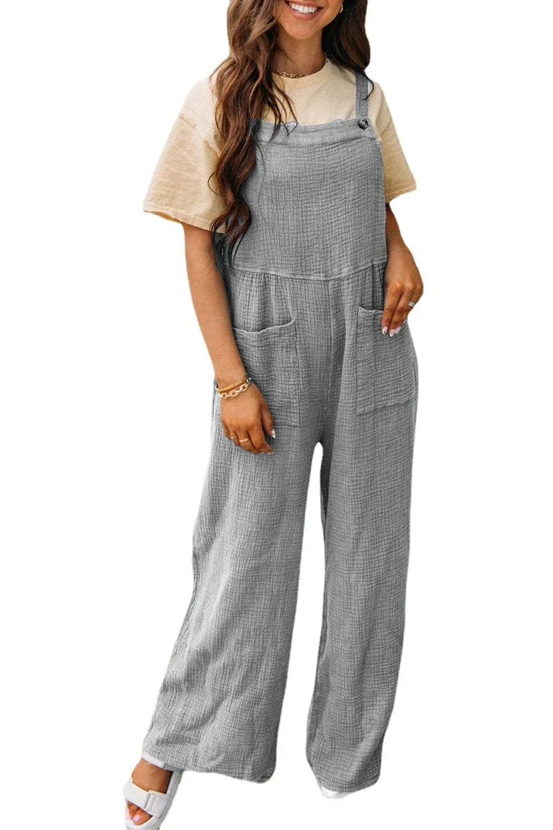 Women's Jumpsuit Summer New Casual Solid Color Pocket Square Neck Loose Back with Jumpsuit