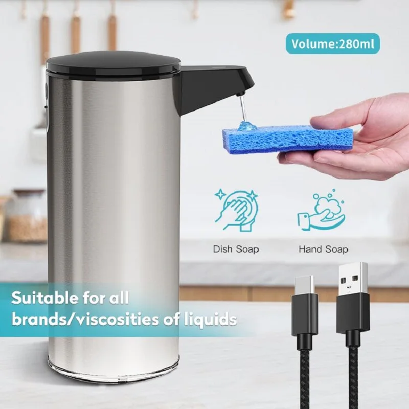 AIKE Automatic Kitchen Detergent Dispenser Durable Stainless Steel USB Rechargeable Smart Soap Dispenser Liquid Electric Pump