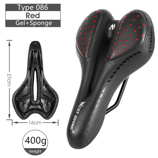 WEST BIKING Bike Saddle MTB Mountain Road Bike Seat PU Leather Gel Filled Cycling Cushion Comfortable Shockproof Bicycle Saddle 086 Black Red