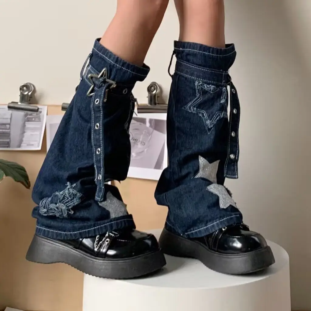 

Y2K Star Denim Leg Warmers Punk Straps Harajuku Leg Covers Gothic Leg Socks Y2K Personalized Calf Socks Warm Leg Boot Cuffs Sock