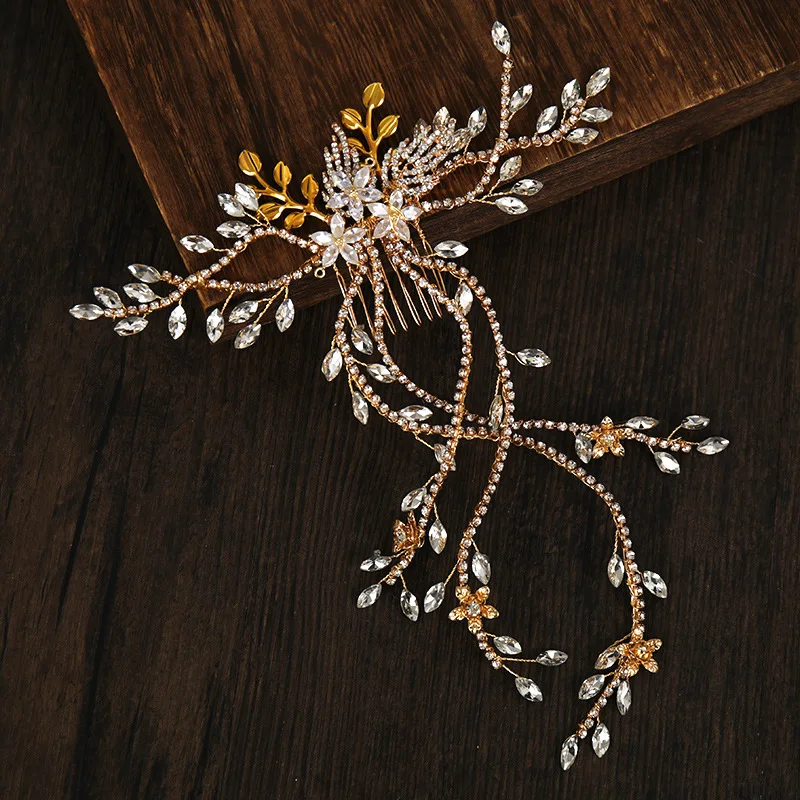 Luxus Braut haarkamm lange Kette Strass Kopf bedeckung Gold Silber Blume Stirnband Hochzeits schmuck Kristall Kopf bedeckung Ornamente – Detail 9