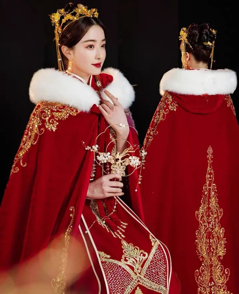

Winter Warm Thick Hanfu Cloak Women Chinese Traditional Embroidery Velvet Cape Cloak Female Cosplay Costume Hanfu Red For Women