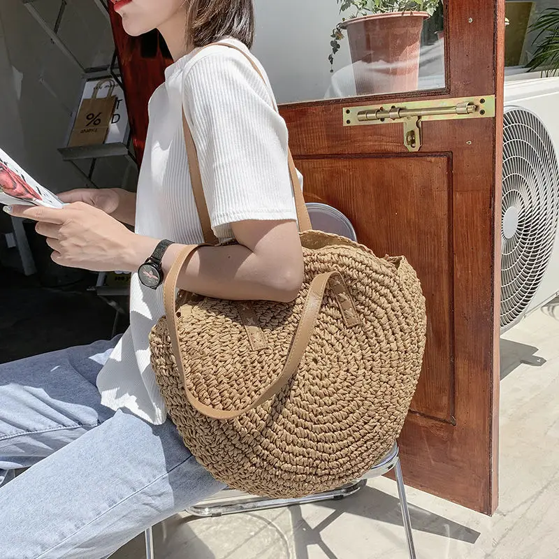 Round Straw Beach Bag Vintage Handmade Woven Shoulder Bag Raffia circle Rattan bags Bohemian Summer Vacation Casual Bags straw woven bag