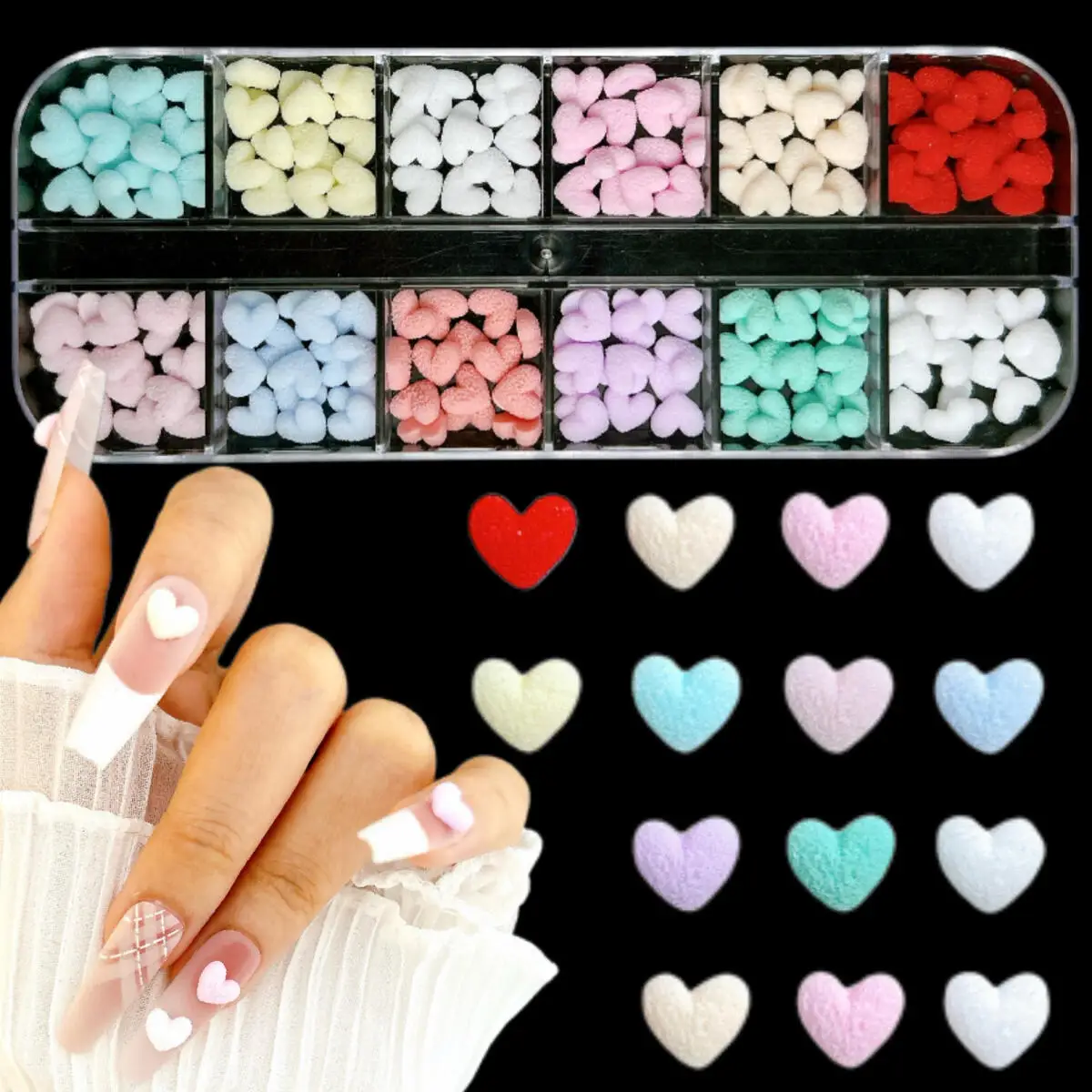 1박스 3D 매트 발광 복숭아 하트 레진 네일 아트 장식 단색 미니멀리스트 하트 네일 참 DIY 귀걸이 네일 부품