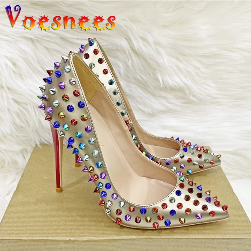 

10CM Stage Star High Heels Womens New Colorful Rivet Europe And America Single Shoes Night Club Fashion Pointed Toe Pumps Golden