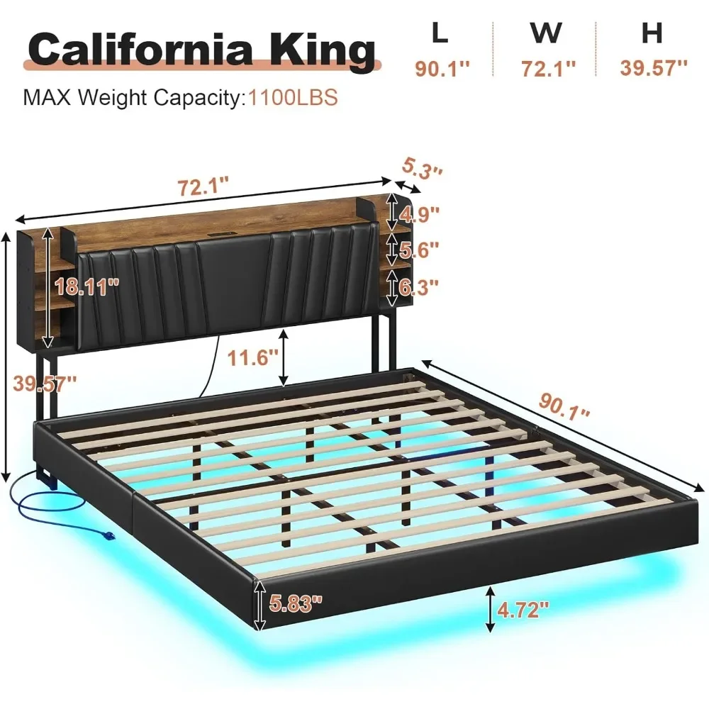 California King Size Bed Frame with Hidden Storage Headboard and Charging Station Cal King Size Visual Floating Platform Bed 2