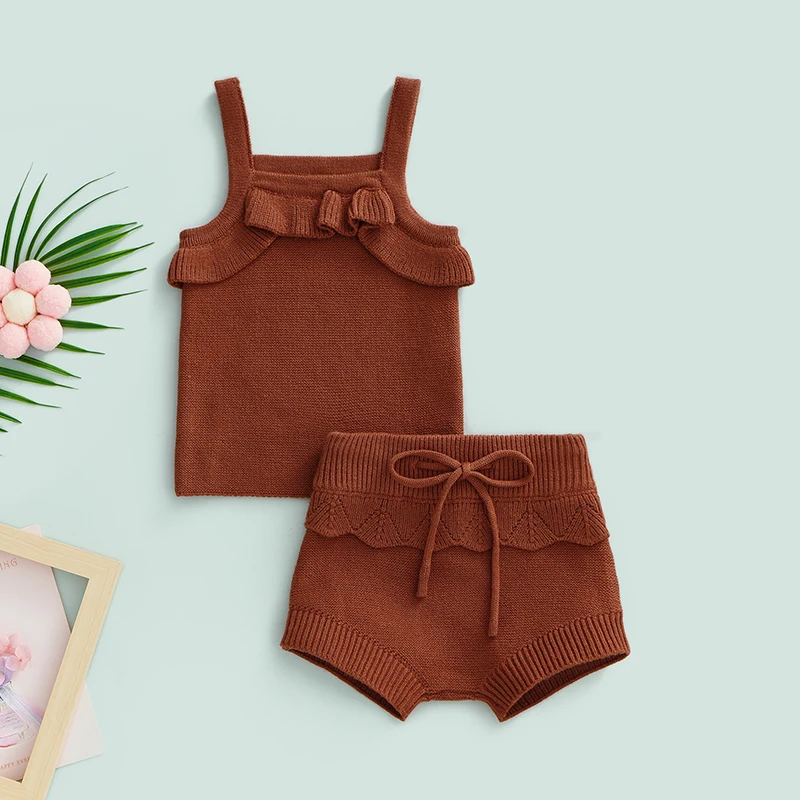 

Baby Girls Knitted Shorts Set Sleeveless Camisole with Elastic Waist Shorts Solid Casual Outfit