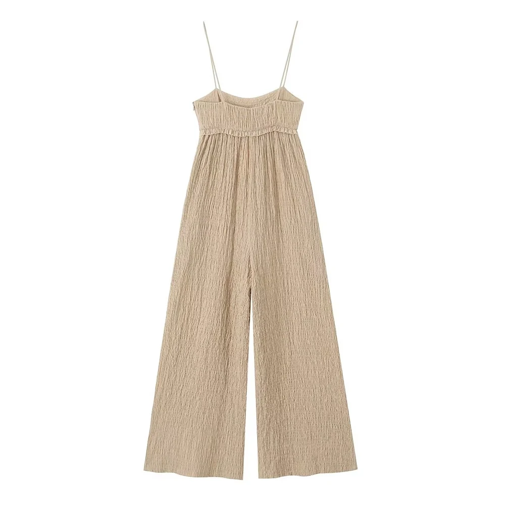 TRAF Jumpsuit Women Fashion With Ruffles Textured Wide Leg Jumpsuits Sexy Straight Neck Thin Straps Female Playsuits Mujer