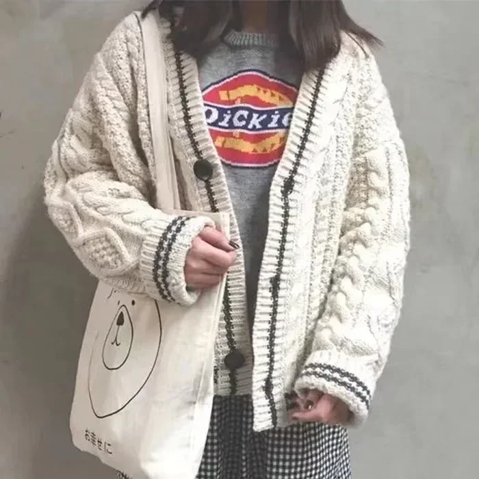 여성용 베이지 스타 귀여운 대학 싱글 브레스트 스웨터, 한국 여성 스웨터, 대비 색상, V넥 니트 가디건, 2022 가을