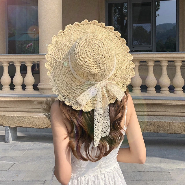 Summer Women Sun Hat Foldable Hollow Lace Trim Straw Hat Girls Outdoor  Travel Wide Brim Casual Bucket Hats Beach Sunscreen Hat