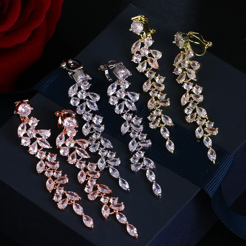 Ear Clip Earrings Clip Earrings Ear Clip Ear Accessories Luxury Zirconia Crystal Long Leaf Drop Dangle Clip on Earrings Women Bridal Wedding Party Without Piercing
